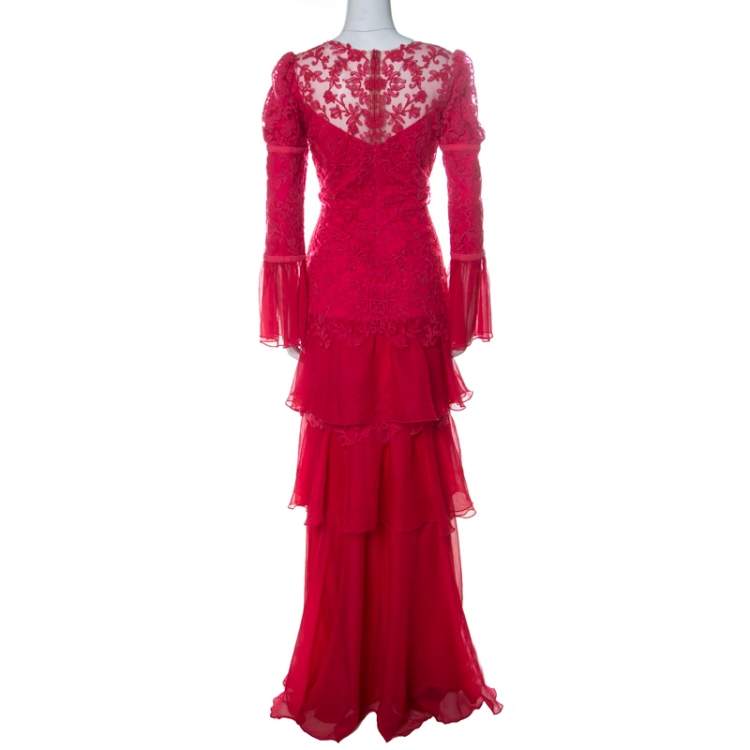 Pre Owned Tadashi Shoji Pink Chiffon & Lace Tiered Moreau Gown M