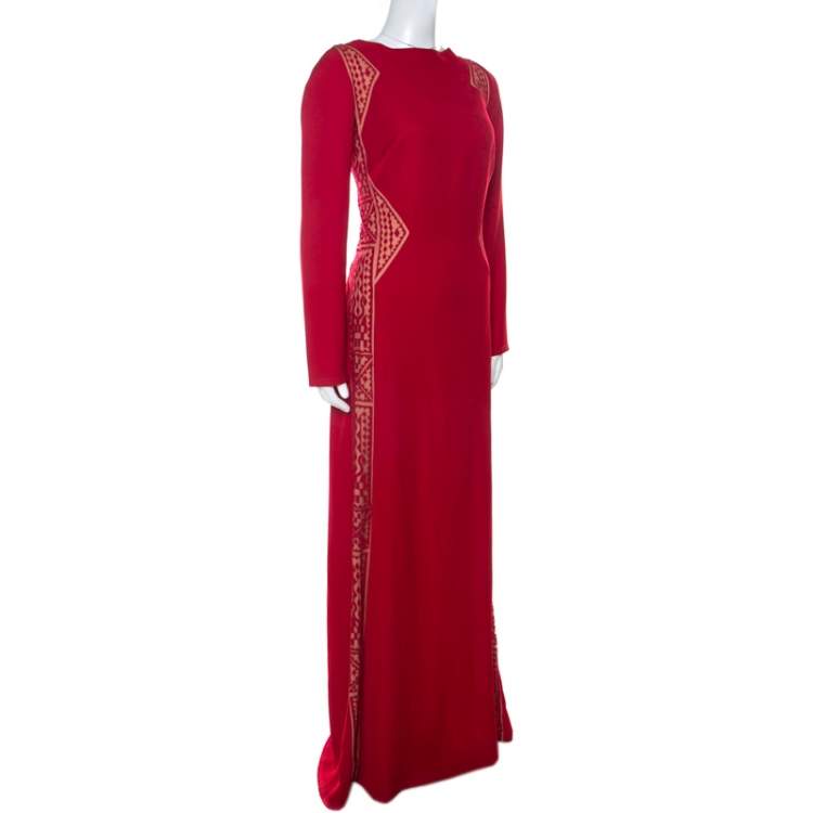 Pre Owned Tadashi Shoji Red Crepe Lace Inset Edie Gown L