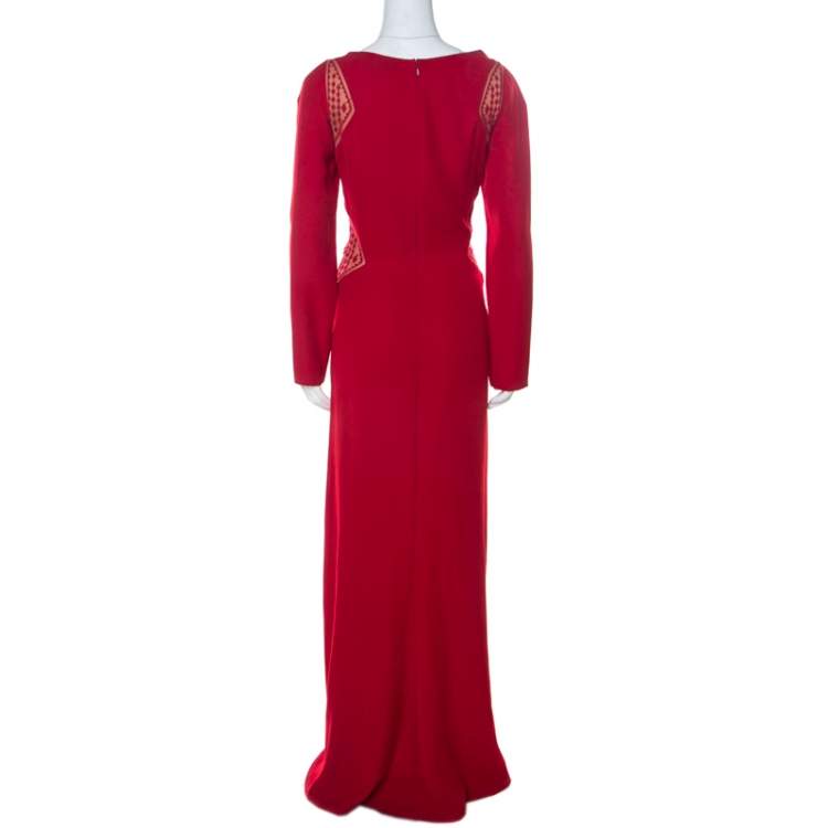 Pre Owned Tadashi Shoji Red Crepe Lace Inset Edie Gown L