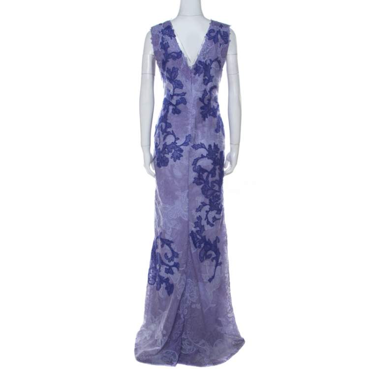 Pre Owned Tadashi Shoji Purple Lace Sleeveless Emma Gown  L