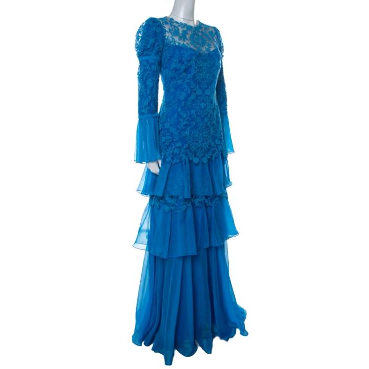Pre Owned Tadashi Shoji Blue Chiffon and Lace Tiered Moreau Gown M
