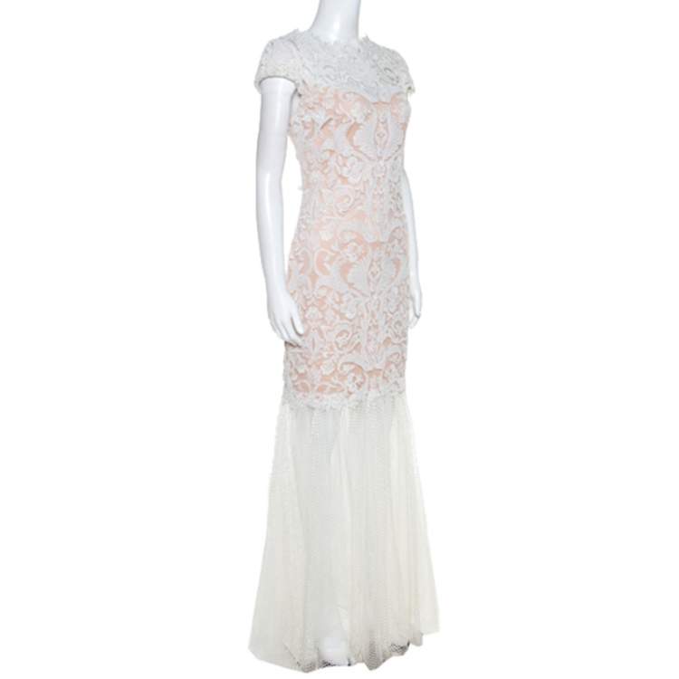 Pre Owned Tadashi Shoji White Crochet and Tulle Fishtail Gown M