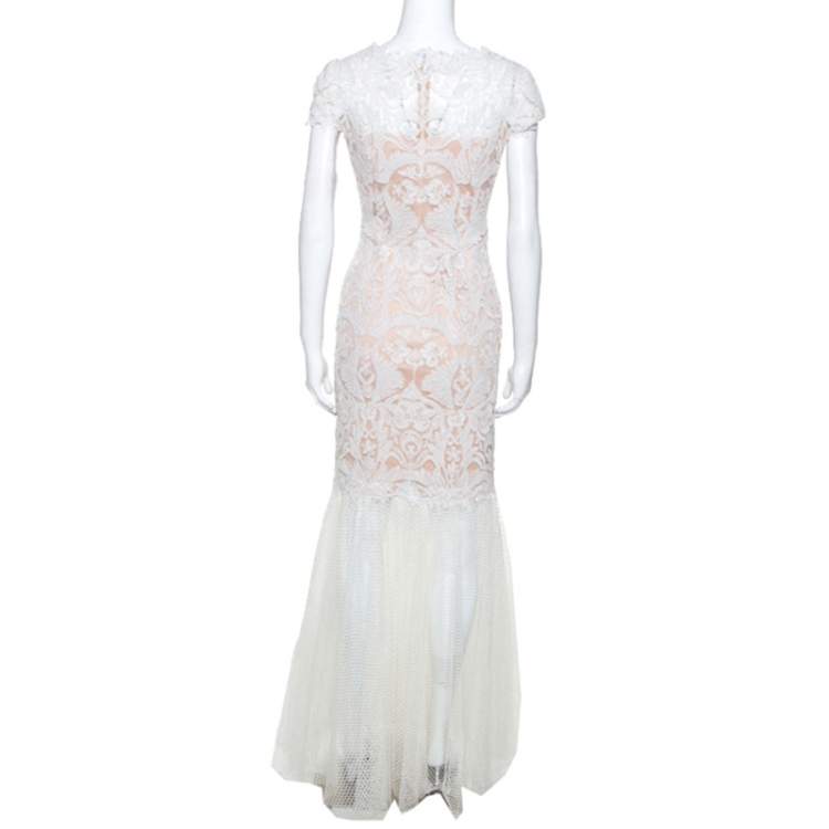 Pre Owned Tadashi Shoji White Crochet and Tulle Fishtail Gown M