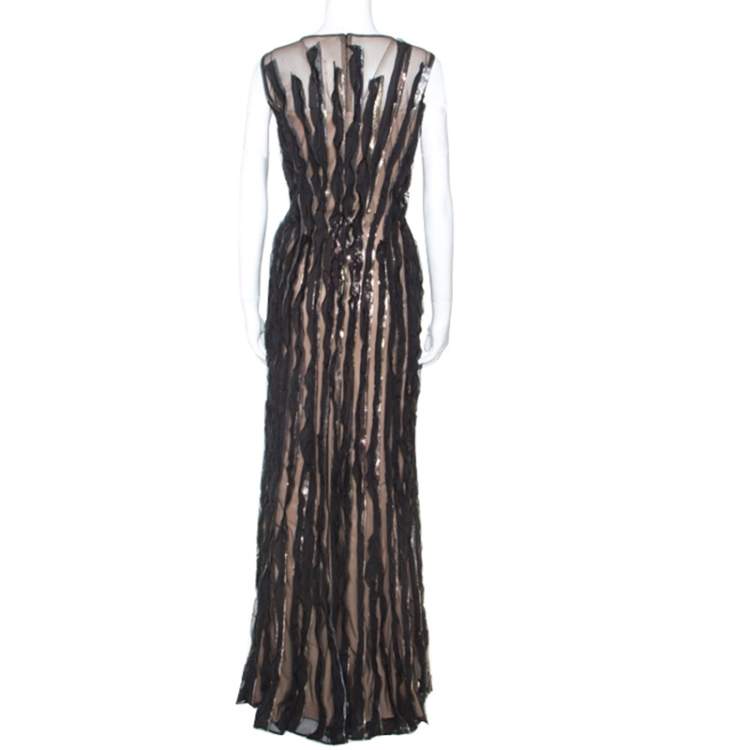 Pre Owned Tadashi Shoji Black Mesh Sequinned Sleeveless Gown L
