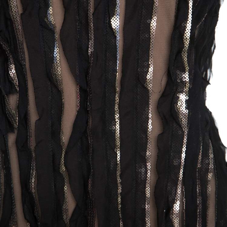 Pre Owned Tadashi Shoji Black Mesh Sequinned Sleeveless Gown L