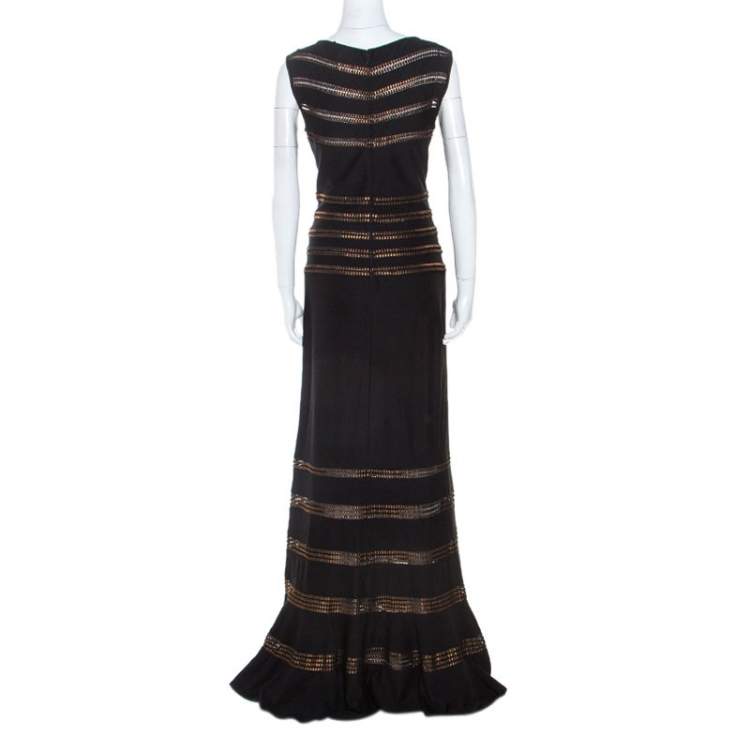 Pre Owned Tadashi Shoji Black Stretch Knit Metallic Lace Detail Maxi Dress M