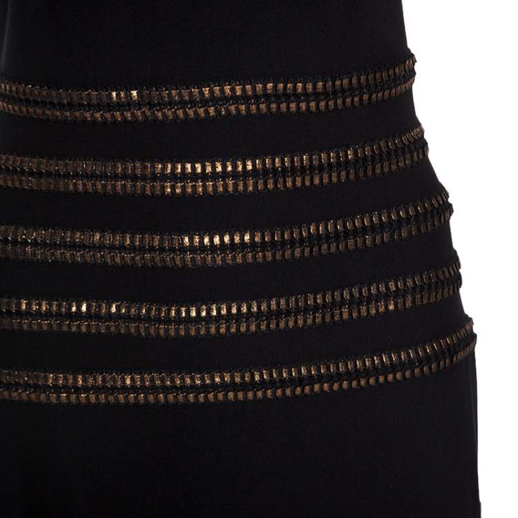 Pre Owned Tadashi Shoji Black Stretch Knit Metallic Lace Detail Maxi Dress M