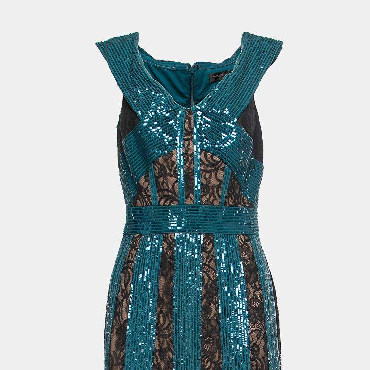 Pre Owned Tadashi Shoji Black/Green Lace and Sequin Rhea Stripe Gown L