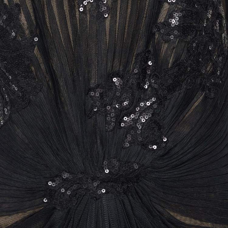 Pre Owned Tadashi Shoji Black Sequin Embellished Tulle & Lace Gathered Waist Gown XL