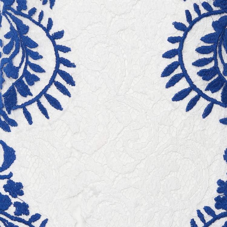 Pre Owned Tadashi Shoji White & Blue Embroidered Floral Lace Midi Dress M
