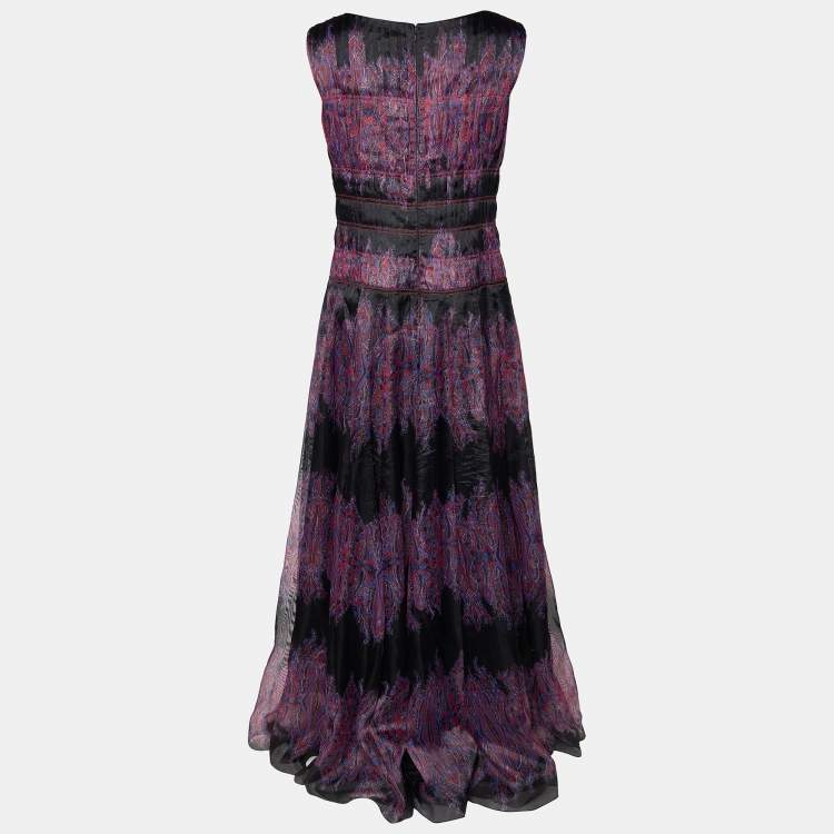Pre Owned Tadashi Shoji Black & Purple Paisley Printed Gazar Gown L