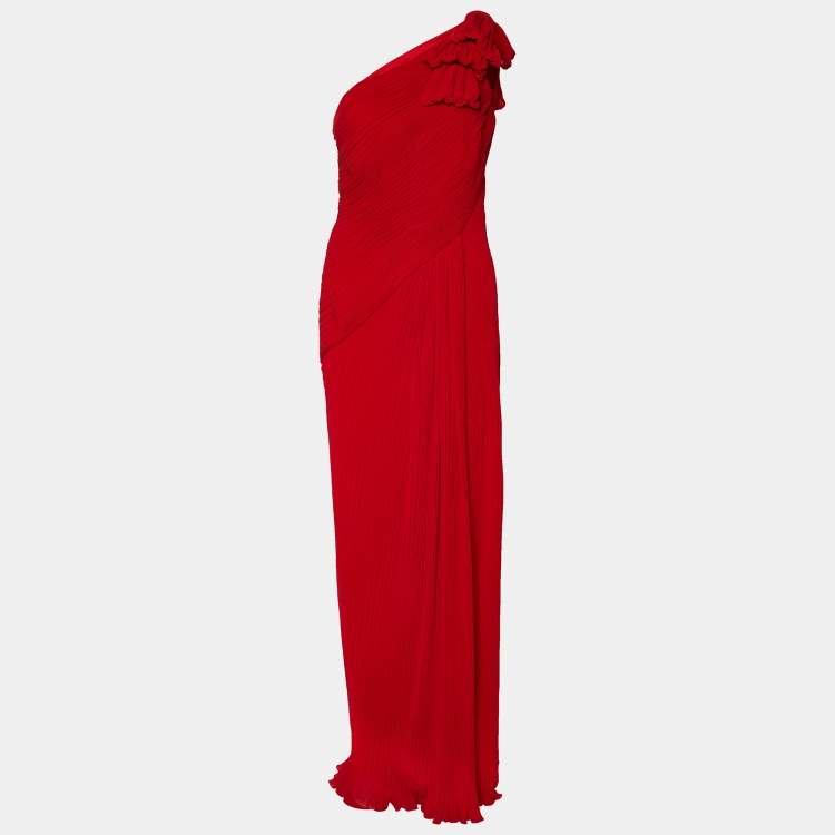 Pre Owned Tadashi Shoji Red Plisse Bow Detail One Shoulder Gown L