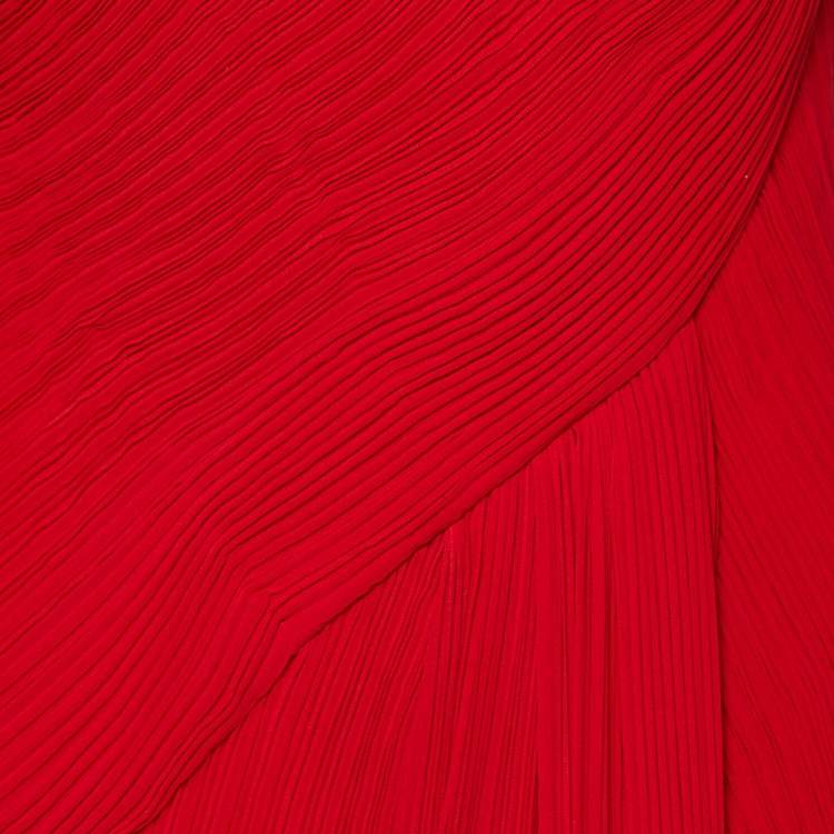 Pre Owned Tadashi Shoji Red Plisse Bow Detail One Shoulder Gown L
