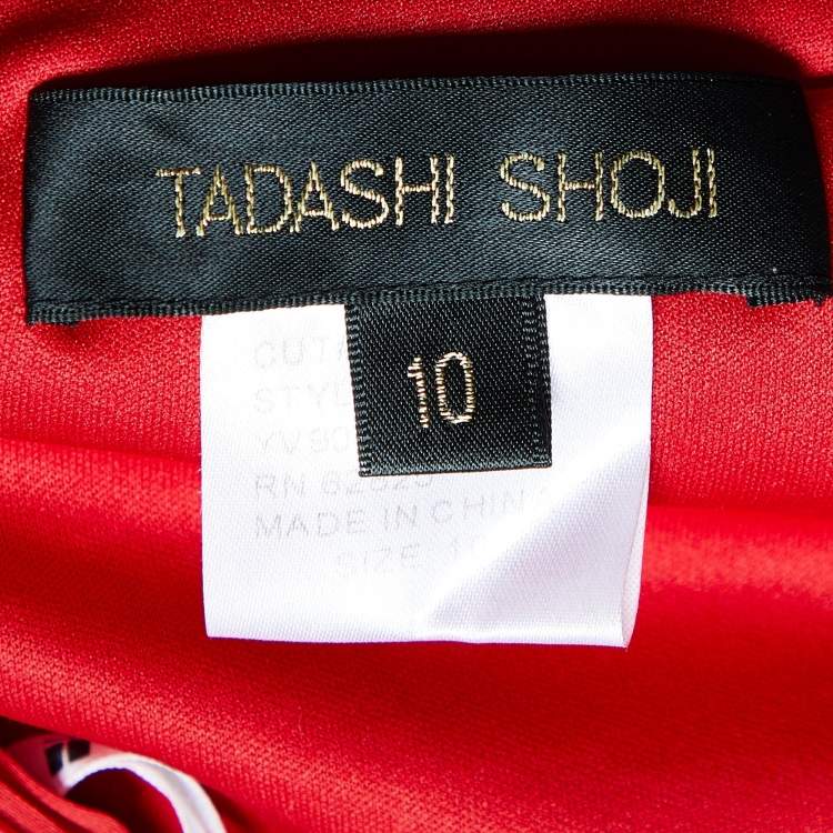Pre Owned Tadashi Shoji Red Plisse Bow Detail One Shoulder Gown L