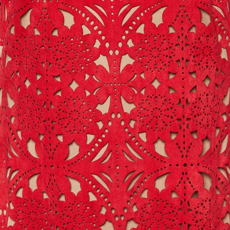 Pre Owned Tadashi Shoji Red Cutwork Detail Faux Suede Maxi Dress M