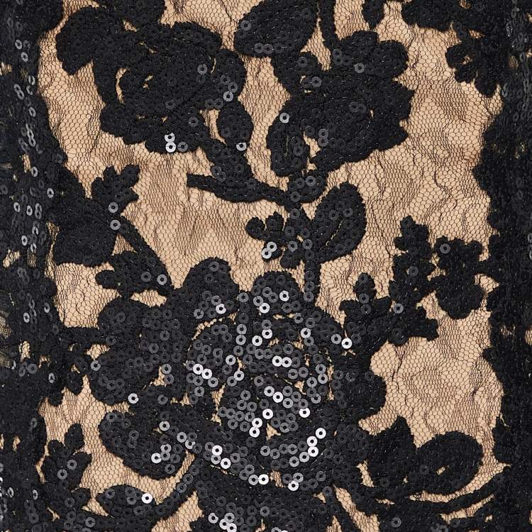 Pre Owned Tadashi Shoji  Black Lace and Tulle Floral Sequin Embellished Gown S