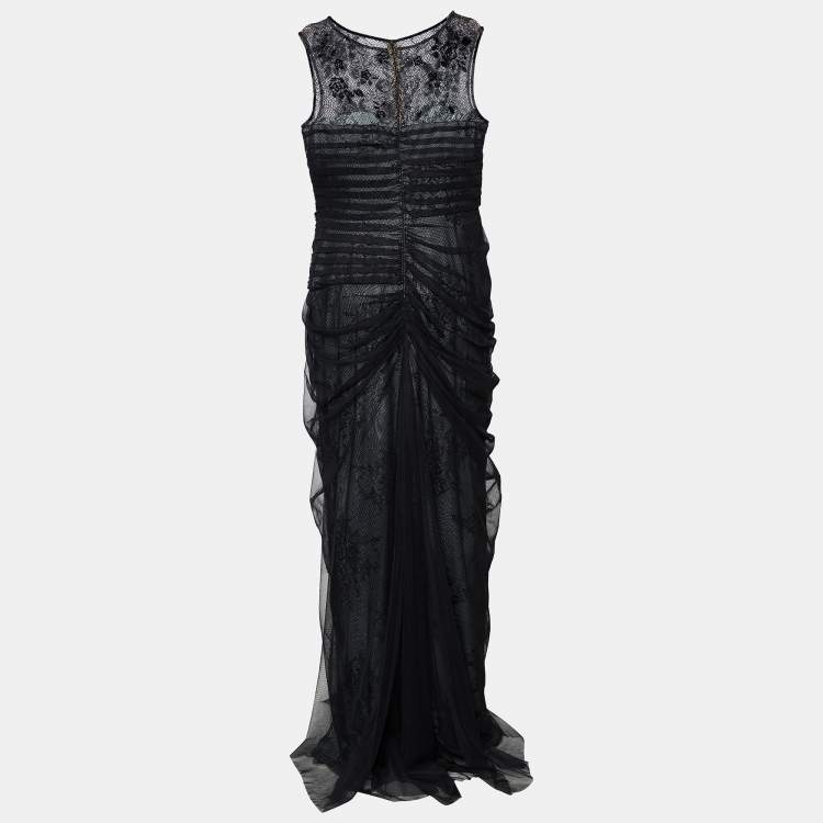 Pre Owned Tadashi Shoji Black Embellished Tulle Draped Gown L