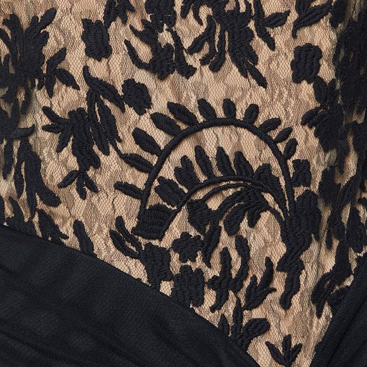 Pre Owned Tadashi Shoji Black Lace & Ruched Tulle Gown M