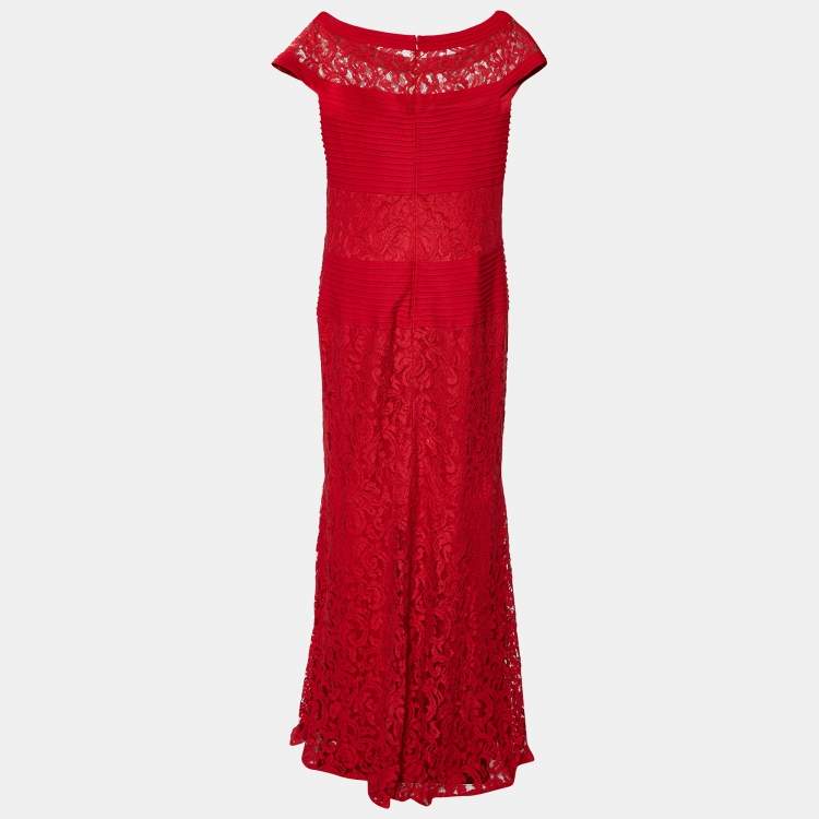 Pre Owned Tadashi Shoji Red Lace & Pintuck Jersey Paneled Gown XL