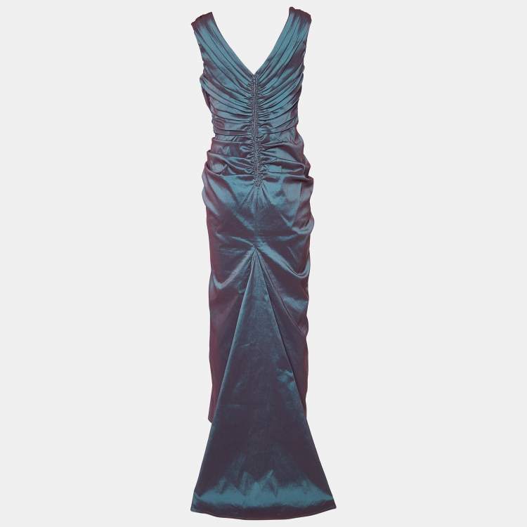 Pre Owned Tadashi Shoji Two Tone Metallic Embellished Ruched Sleeveless Gown M