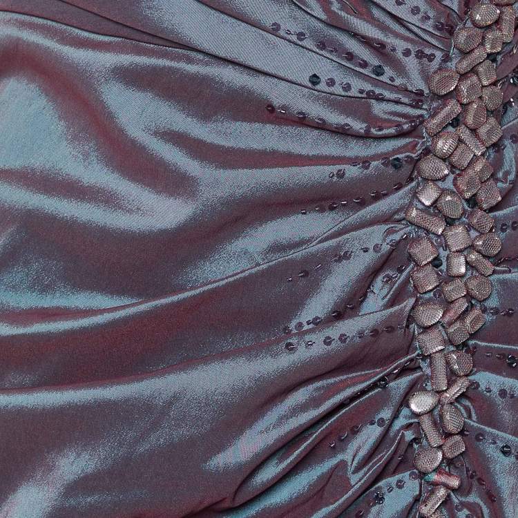 Pre Owned Tadashi Shoji Two Tone Metallic Embellished Ruched Sleeveless Gown M