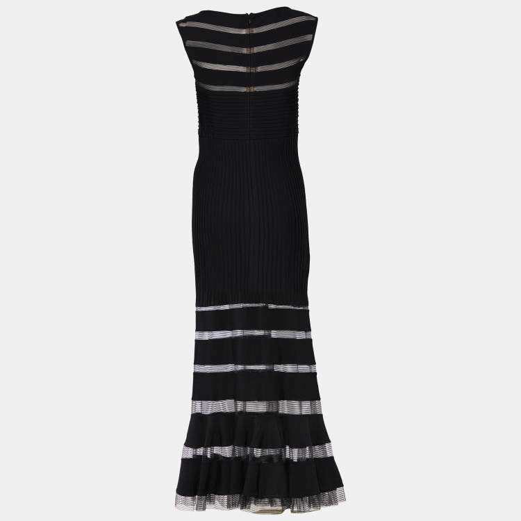 Pre Owned Tadashi Shoji Black Pintuck Jersey Sleeveless Gown L