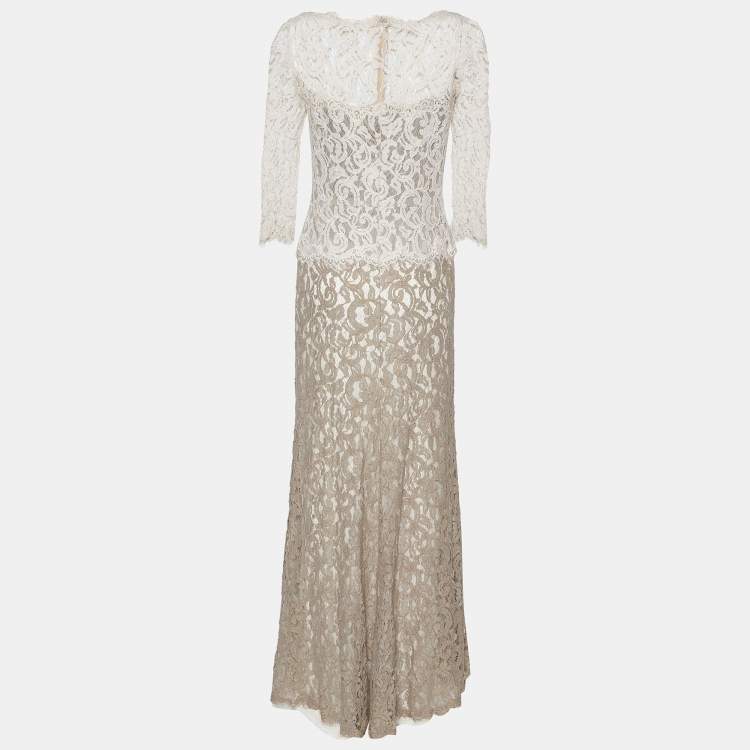 Pre Owned Tadashi Shoji Beige Lace Mermaid Cut Gown M
