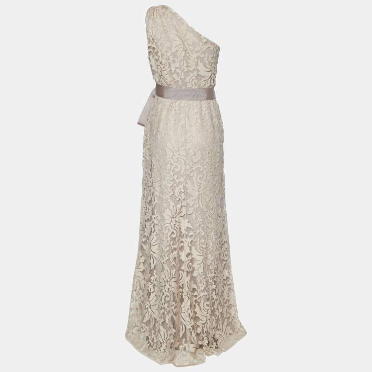 Pre Owned Tadashi Shoji Beige Floral Lace One shoulder Belted Gown L