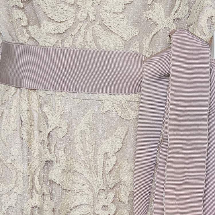 Pre Owned Tadashi Shoji Beige Floral Lace One shoulder Belted Gown L