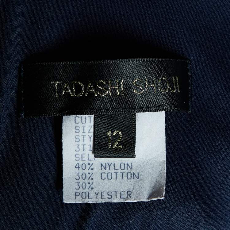 Pre Owned Tadashi Shoji Navy Blue Sequin Embellished Lace Belted Boat Neck Gown L