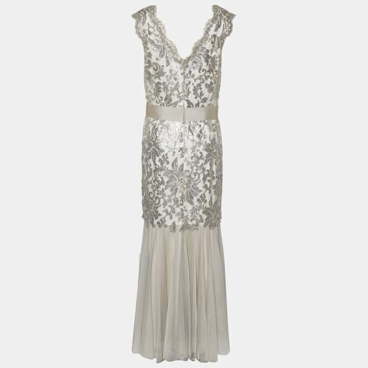 Pre Owned Tadashi Shoji Silver Grey Sequin Embellished Lace & Tulle Belted Gown L