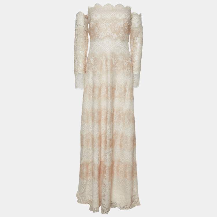 Pre Owned Tadashi Shoji Cream Two Tone Paneled Off Shoulder Gown XL