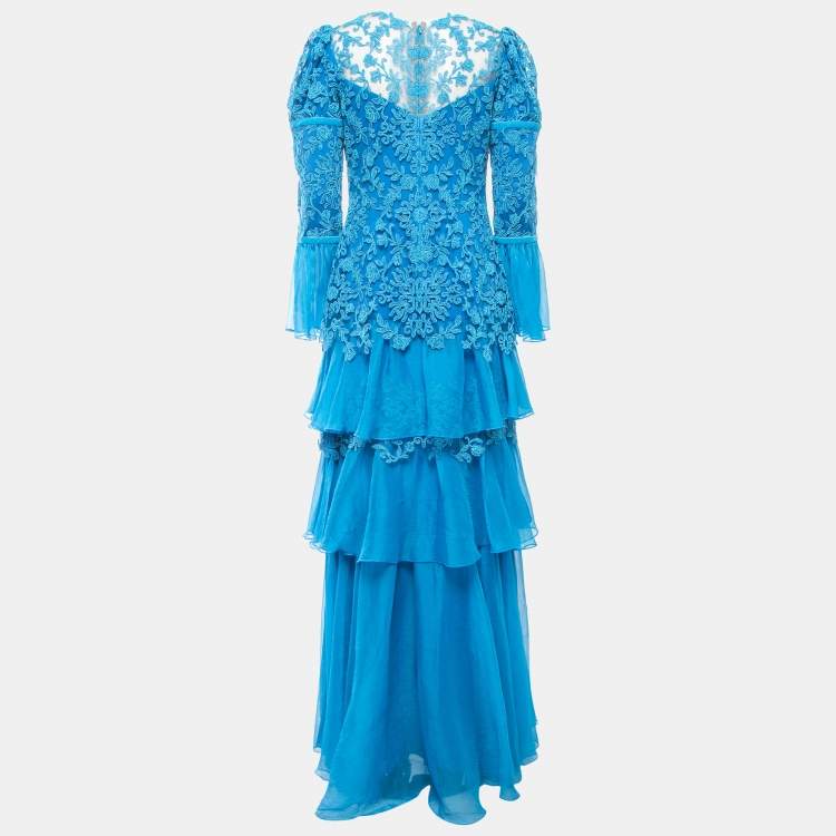 Pre Owned Tadashi Shoji Cerulean Blue Cord Embroidered Tulle Tiered Moreau Gown M
