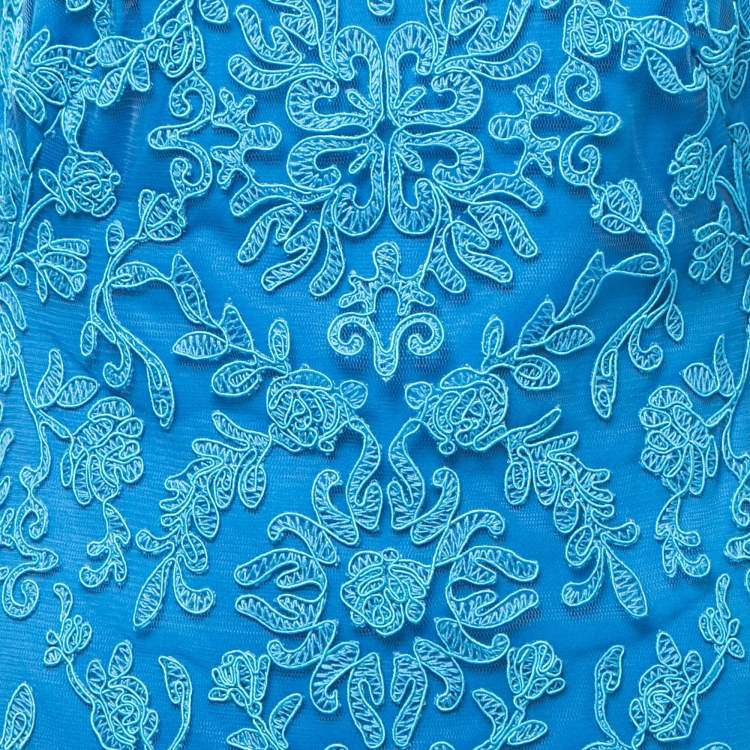 Pre Owned Tadashi Shoji Cerulean Blue Cord Embroidered Tulle Tiered Moreau Gown M