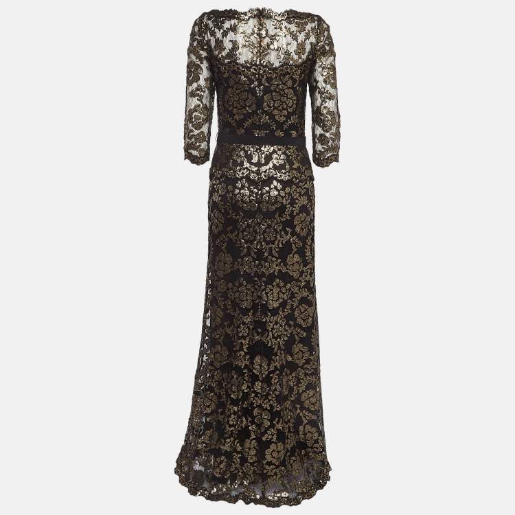 Pre Owned Tadashi Shoji Black/Gold Sequin Full Sleeves Maxi Dress M