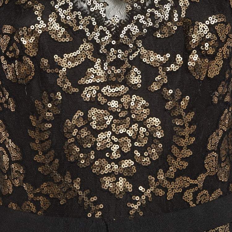 Pre Owned Tadashi Shoji Black/Gold Sequin Full Sleeves Maxi Dress M