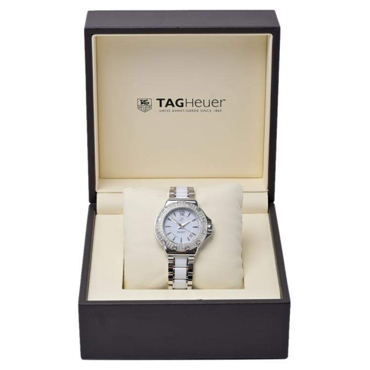Pre Owned Tag Heuer White Diamonds Stainless Steel And Ceramic Formula 1 Women's Wristwatch 34 MM