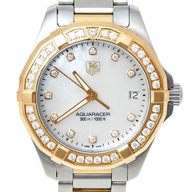 Pre Owned Tag Heuer MOP 18K Yellow Gold & Stainless Steel Diamonds Aquaracer WAY1353.BD0917 Women's Wristwatch 32 mm