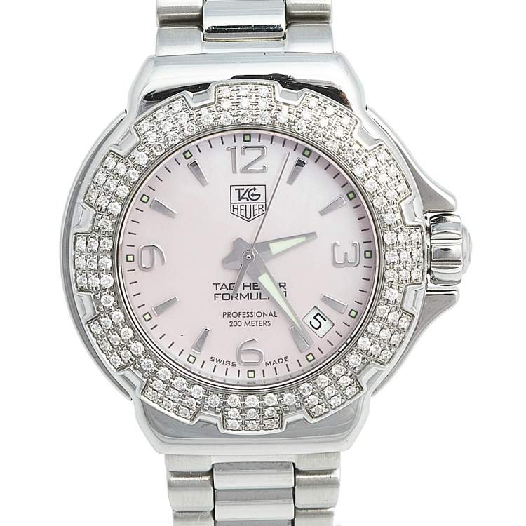Pre Owned Tag Heuer Pink Mother of Pearl Stainless Steel Diamond Formula 1 Women's Wristwatch 37 mm