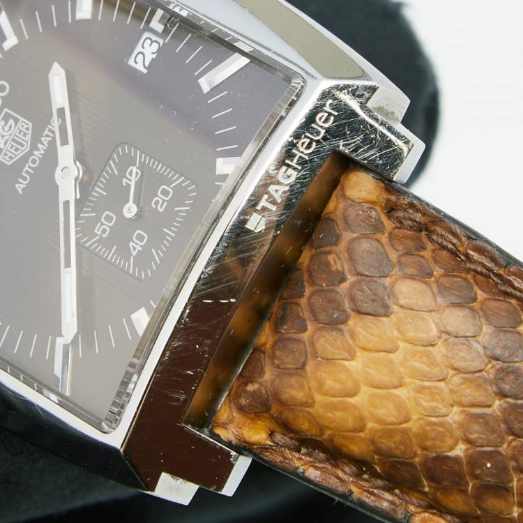 Pre Owned Tag Heuer Brown Stainless Steel Python Skin Leather Monaco WW2115.FC6217 Men's Wristwatch 37 mm