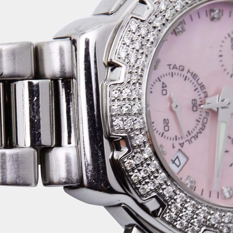 Pre Owned Tag Heuer Pink Mother Of Pearl Diamond Stainless Steel Formula 1 CAC1311.BA0852 Women's Wristwatch 37 mm