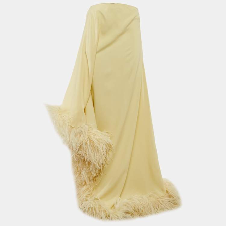 Pre Owned Taller Marmo Pastel Yellow Crepe Feather Trimmed Asymmetric Maxi Dress S