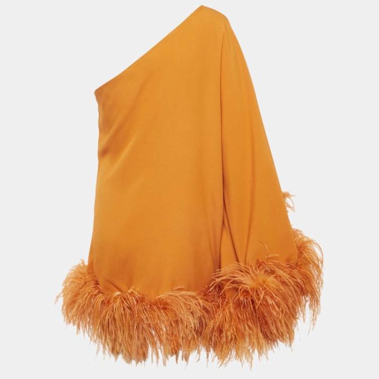 Pre Owned Taller Marmo Orange Feather Trim Crepe Piccolo Ubud One-Shoulder Mini Dress M
