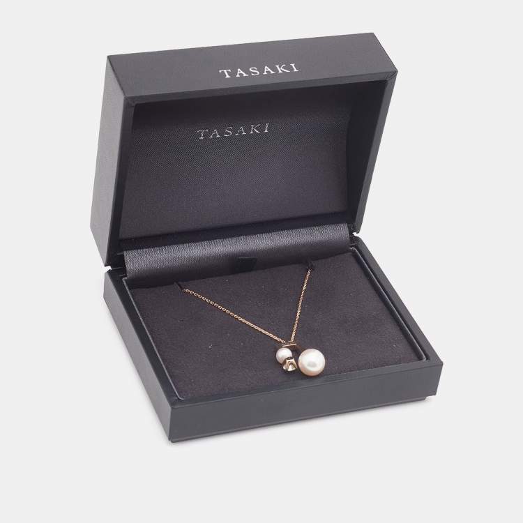 Pre Owned Tasaki Cultured Pearl Diamond 18k Rose Gold Necklace