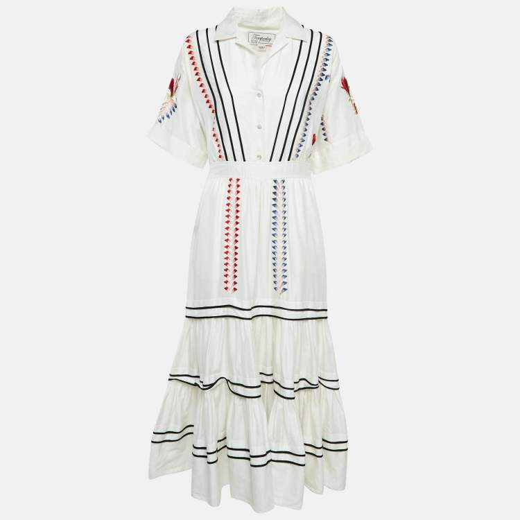 Pre Owned Temperley White Embroidered Cotton Tiered Midi Dress S