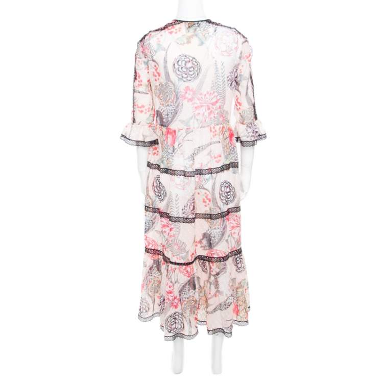 Pre Owned Temperley London Almond Dotted Jacquard Dobby Shire Printed Tiered Midi Dress M
