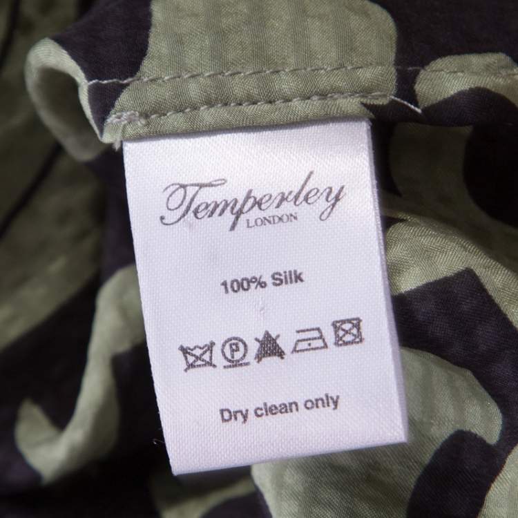 Pre Owned Temperley Black and Green Floral Printed Textured Silk Faux Wrap Front Top M