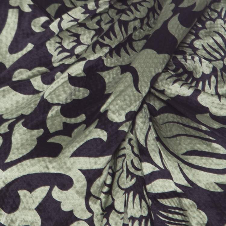 Pre Owned Temperley Black and Green Floral Printed Textured Silk Faux Wrap Front Top M