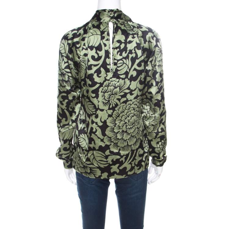Pre Owned Temperley Black and Green Floral Printed Textured Silk Faux Wrap Front Top M