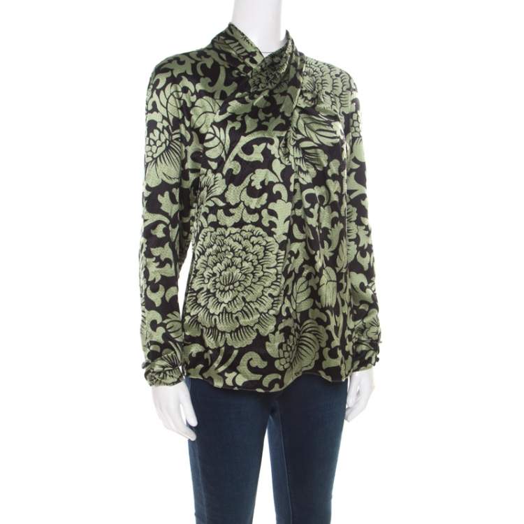 Pre Owned Temperley Black and Green Floral Printed Textured Silk Faux Wrap Front Top M